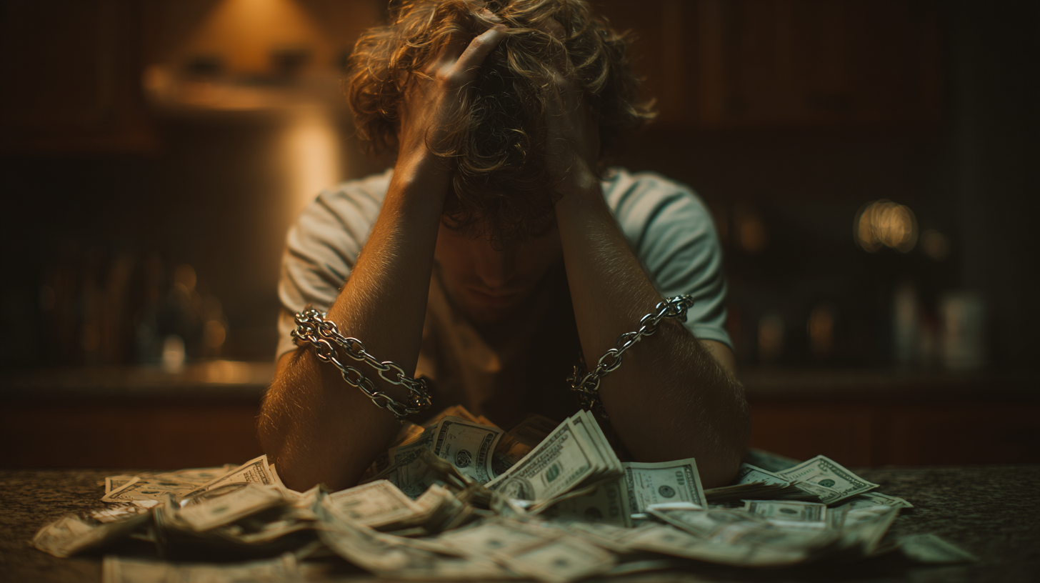 Person with chained hands holding money representing financial bondage and stress