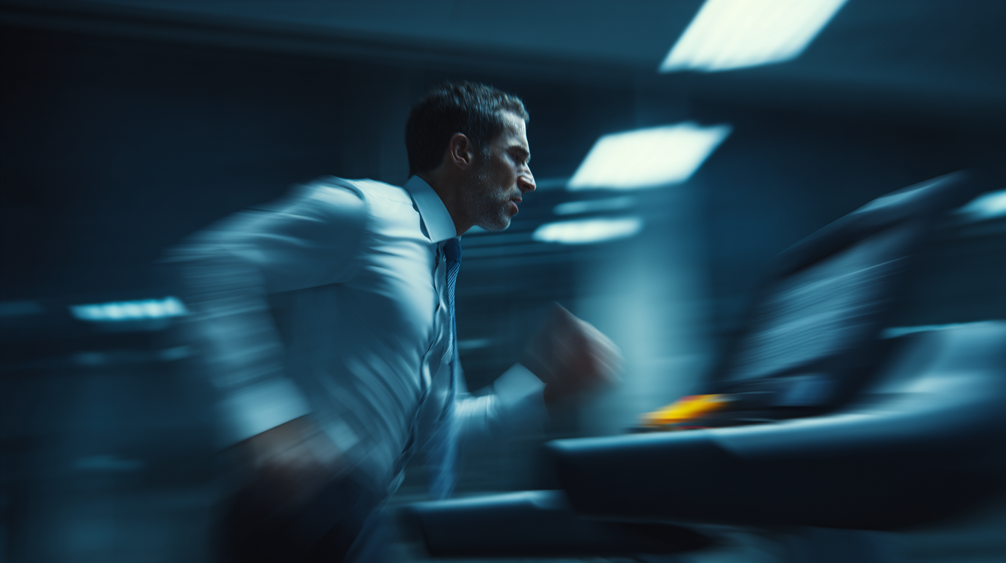 Exhausted businessman running in motion blur representing the endless financial race