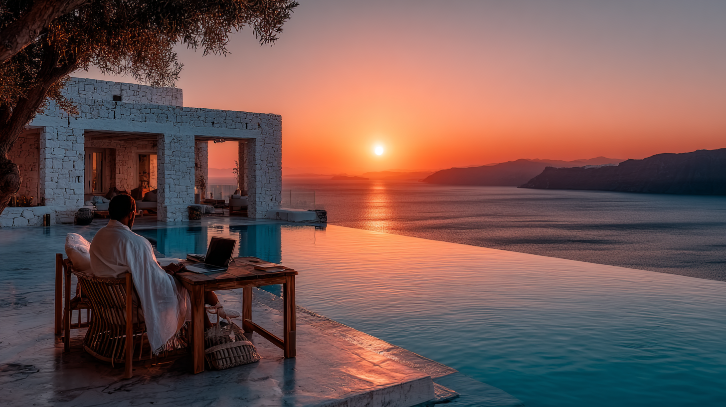 Person working remotely from luxury villa with infinity pool at sunset - the ultimate financial freedom lifestyle